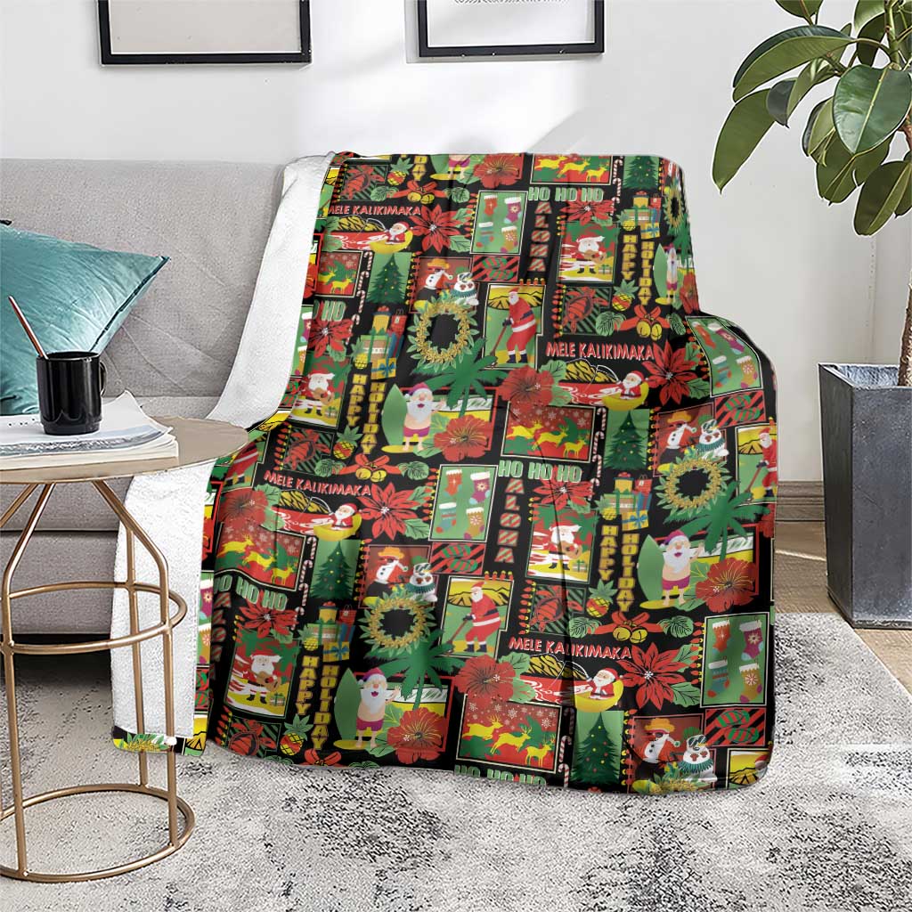 Hawaiian Santa Christmas Pattern Blanket Black Version - Polynesian Pride