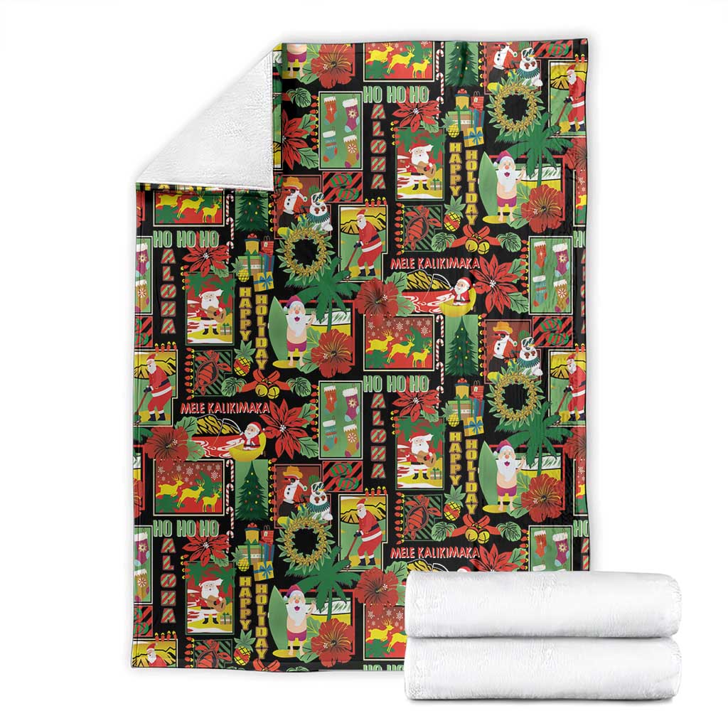 Hawaiian Santa Christmas Pattern Blanket Black Version - Polynesian Pride