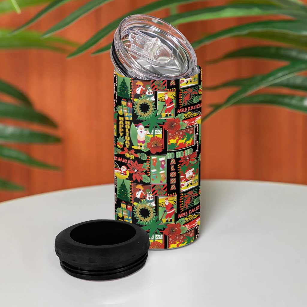 Hawaiian Santa Christmas Pattern 4 in 1 Can Cooler Tumbler Black Version - Polynesian Pride