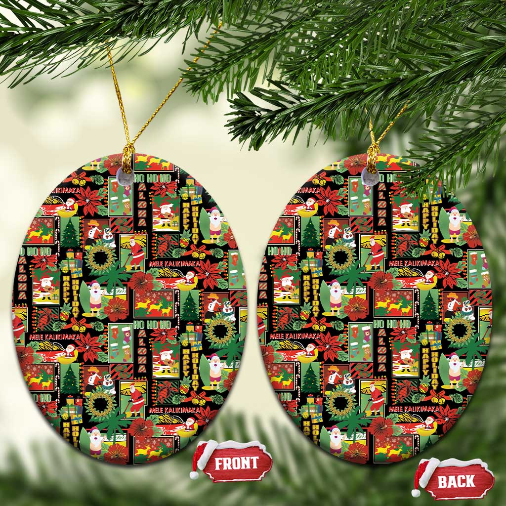 Hawaiian Santa Christmas Pattern Ceramic Ornament Black Version - Polynesian Pride