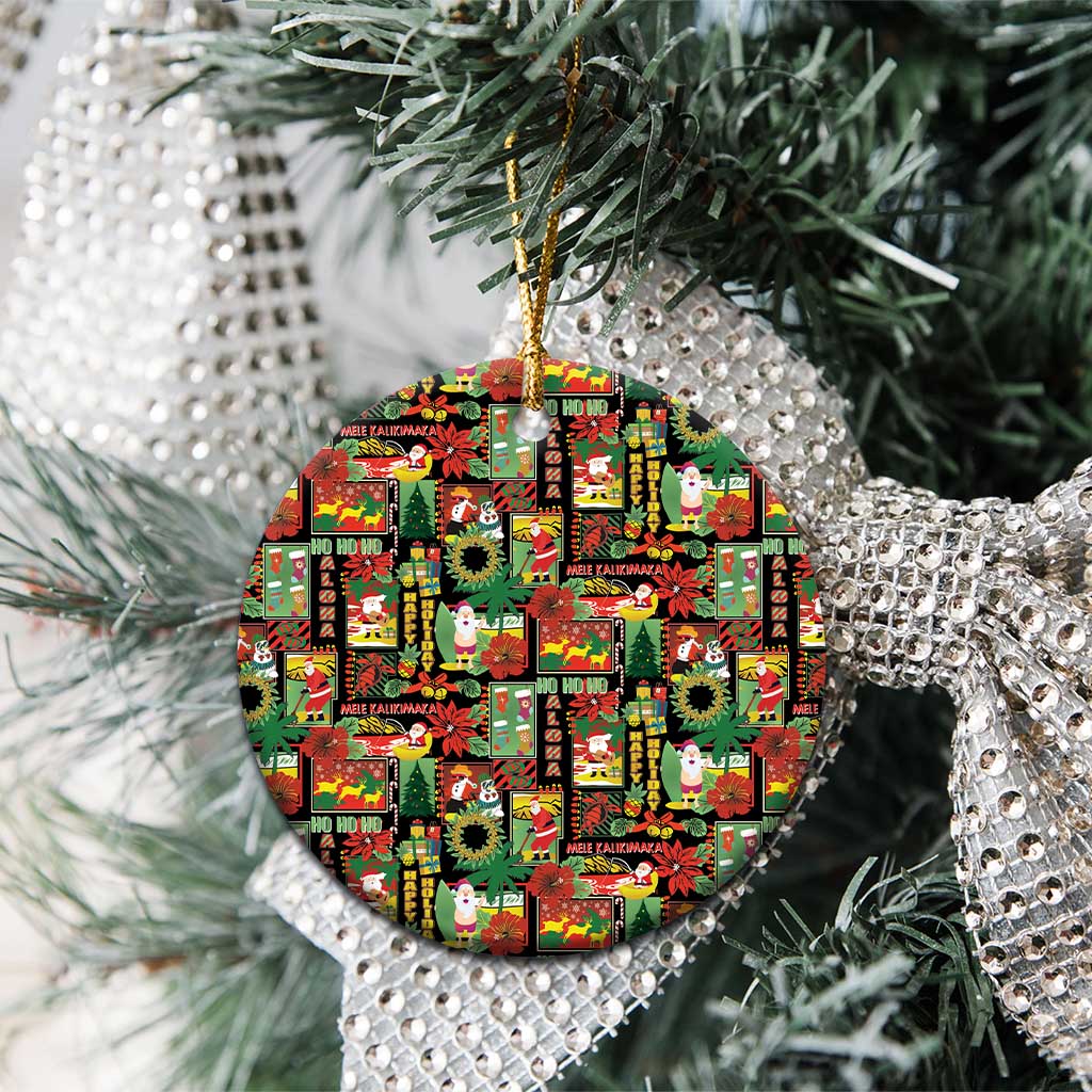 Hawaiian Santa Christmas Pattern Ceramic Ornament Black Version - Polynesian Pride