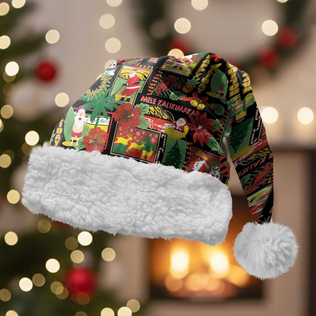 Hawaiian Santa Christmas Pattern Christmas Santa Hat Black Version - Polynesian Pride