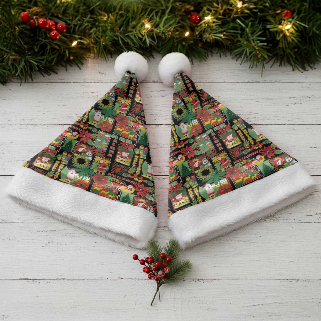 Hawaiian Santa Christmas Pattern Christmas Santa Hat Black Version - Polynesian Pride