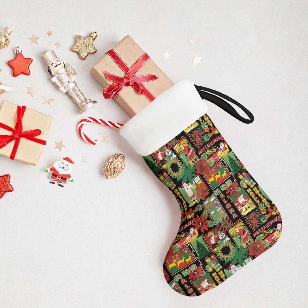 Hawaiian Santa Christmas Pattern Christmas Stocking Black Version - Polynesian Pride