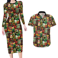 Hawaiian Santa Christmas Pattern Couples Matching Long Sleeve Bodycon Dress and Hawaiian Shirt Black Version - Polynesian Pride