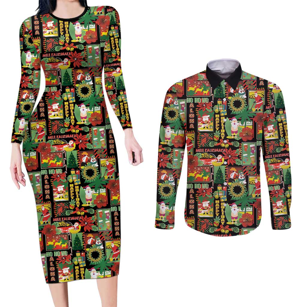 Hawaiian Santa Christmas Pattern Couples Matching Long Sleeve Bodycon Dress and Long Sleeve Button Shirt Black Version LT01 Red - Polynesian Pride