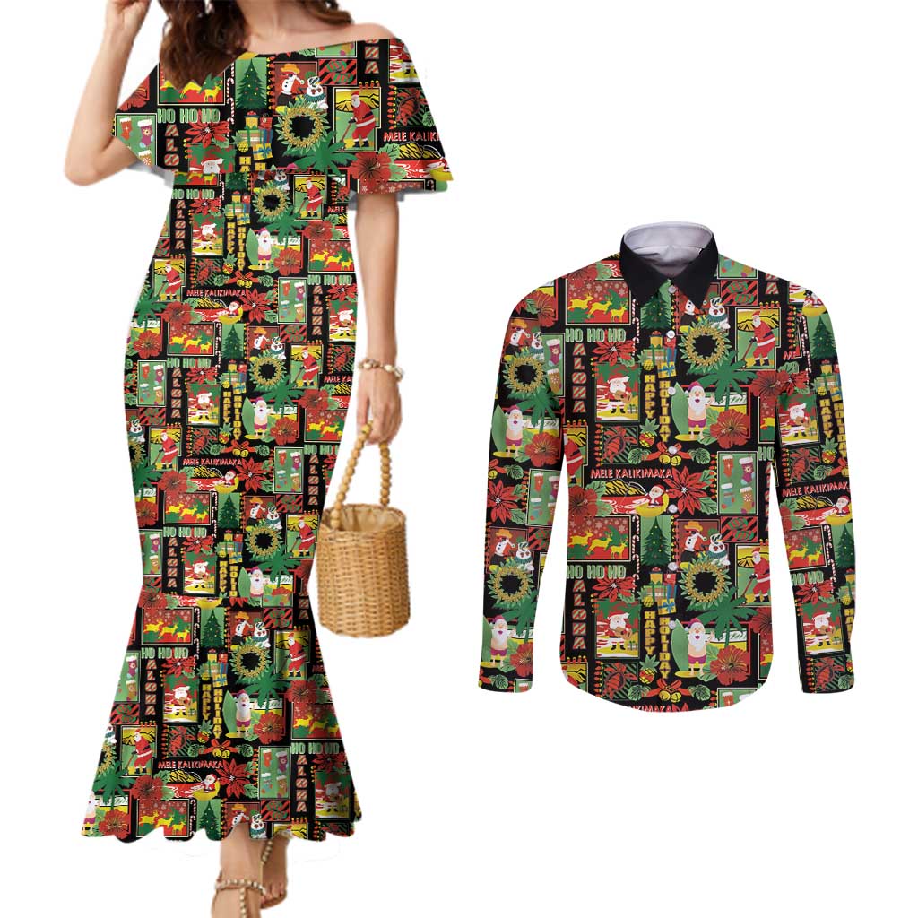 Hawaiian Santa Christmas Pattern Couples Matching Mermaid Dress and Long Sleeve Button Shirt Black Version LT01 Red - Polynesian Pride