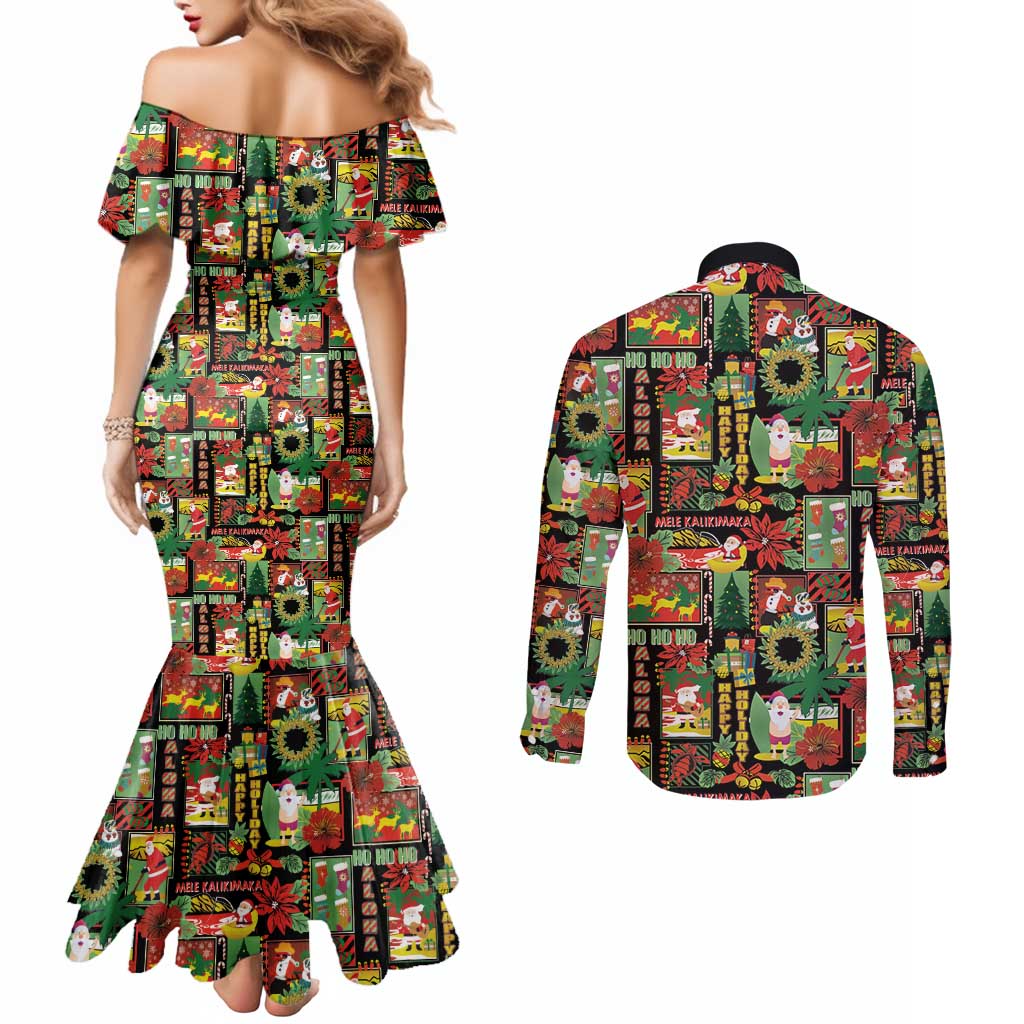 Hawaiian Santa Christmas Pattern Couples Matching Mermaid Dress and Long Sleeve Button Shirt Black Version - Polynesian Pride