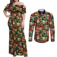 Hawaiian Santa Christmas Pattern Couples Matching Off Shoulder Maxi Dress and Long Sleeve Button Shirt Black Version LT01 Red - Polynesian Pride