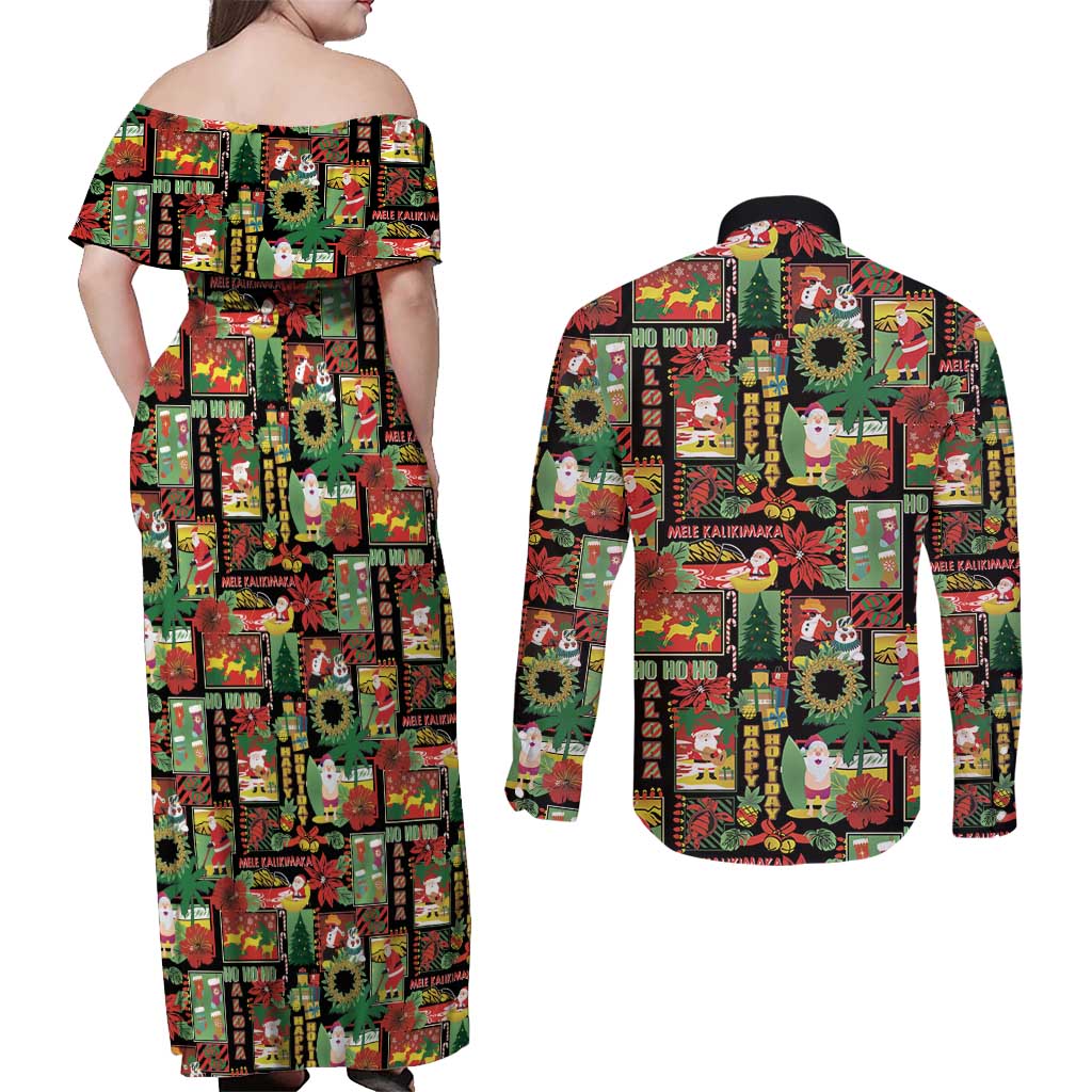 Hawaiian Santa Christmas Pattern Couples Matching Off Shoulder Maxi Dress and Long Sleeve Button Shirt Black Version LT01 - Polynesian Pride