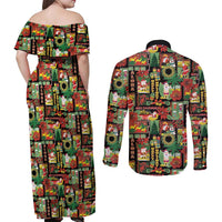 Hawaiian Santa Christmas Pattern Couples Matching Off Shoulder Maxi Dress and Long Sleeve Button Shirt Black Version LT01 - Polynesian Pride