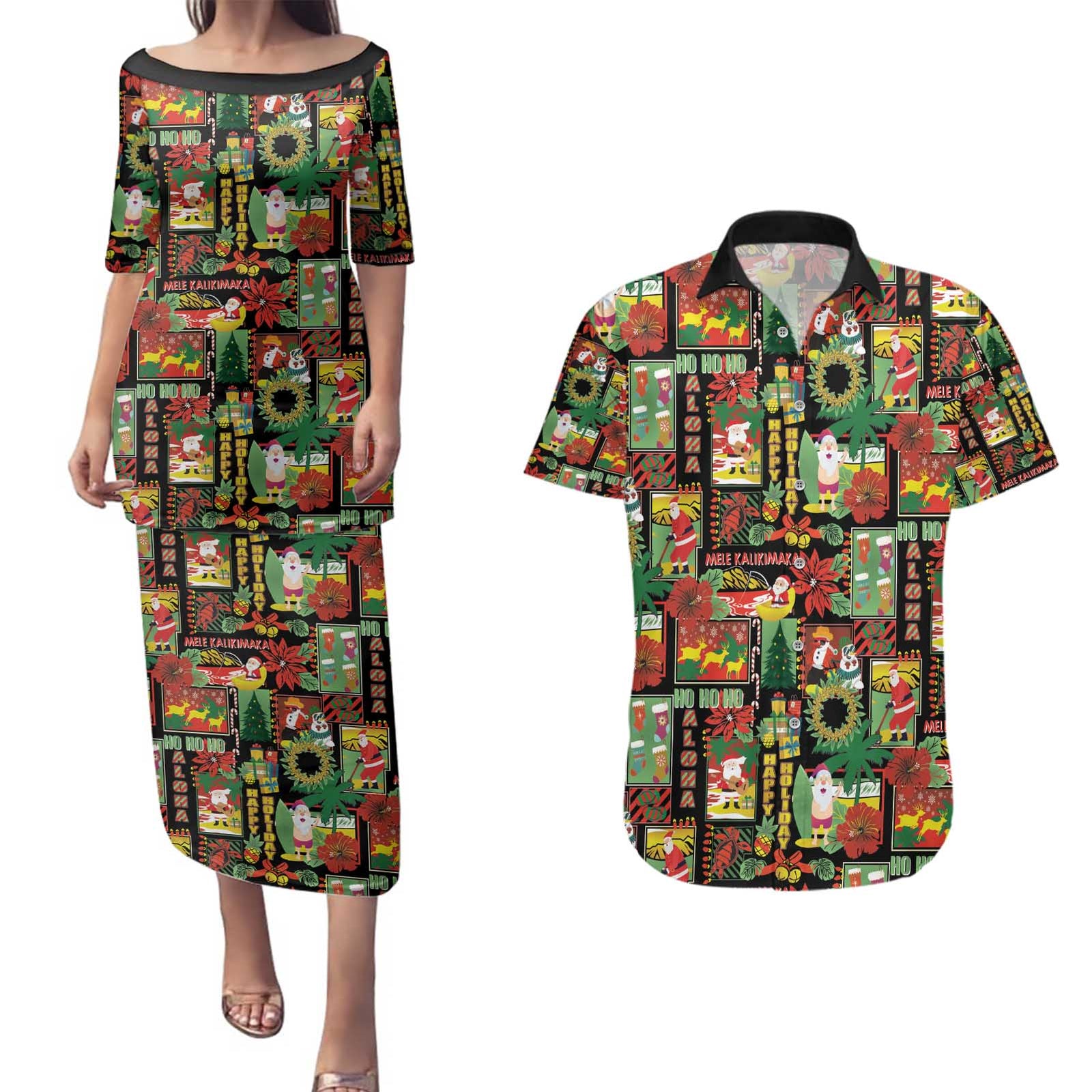 Hawaiian Santa Christmas Pattern Couples Matching Puletasi and Hawaiian Shirt Black Version - Polynesian Pride