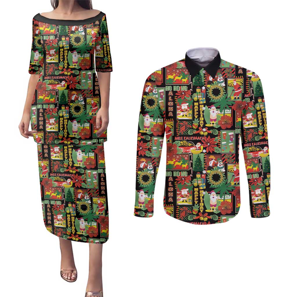 Hawaiian Santa Christmas Pattern Couples Matching Puletasi and Long Sleeve Button Shirt Black Version - Polynesian Pride