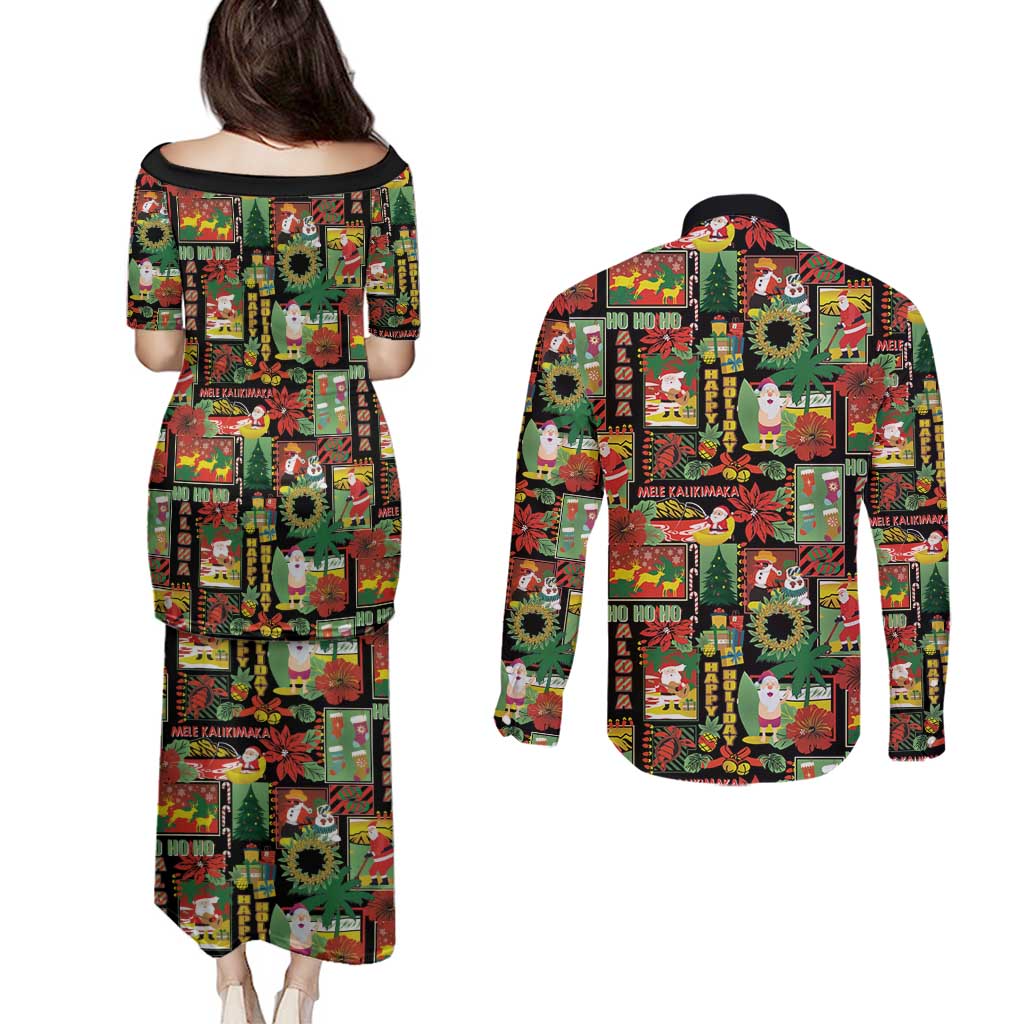 Hawaiian Santa Christmas Pattern Couples Matching Puletasi and Long Sleeve Button Shirt Black Version - Polynesian Pride