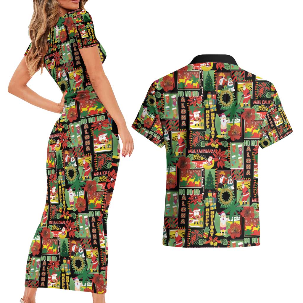 Hawaiian Santa Christmas Pattern Couples Matching Short Sleeve Bodycon Dress and Hawaiian Shirt Black Version - Polynesian Pride