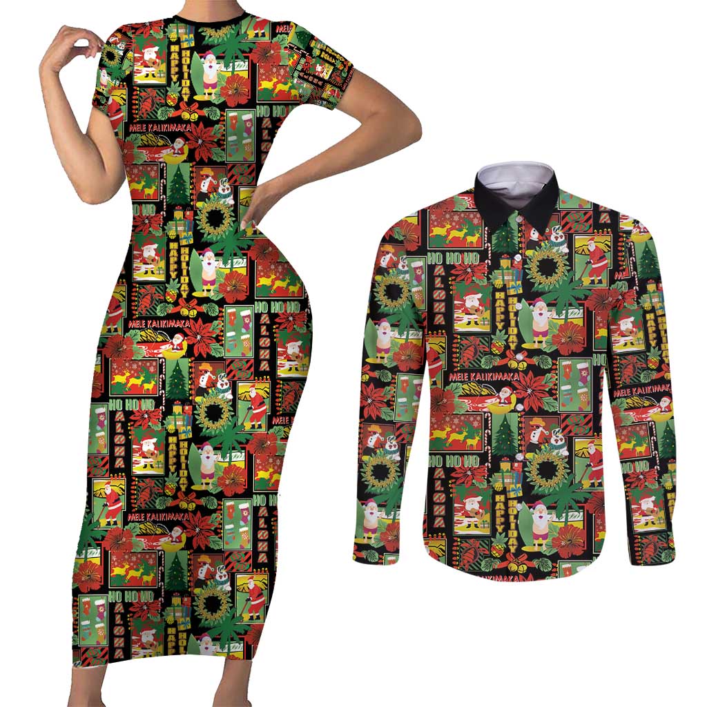 Hawaiian Santa Christmas Pattern Couples Matching Short Sleeve Bodycon Dress and Long Sleeve Button Shirt Black Version LT01 Red - Polynesian Pride