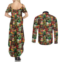 Hawaiian Santa Christmas Pattern Couples Matching Summer Maxi Dress and Long Sleeve Button Shirt Black Version - Polynesian Pride