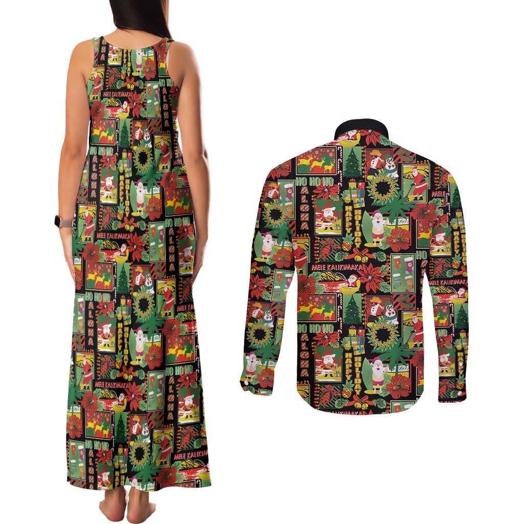Hawaiian Santa Christmas Pattern Couples Matching Tank Maxi Dress and Long Sleeve Button Shirt Black Version - Polynesian Pride