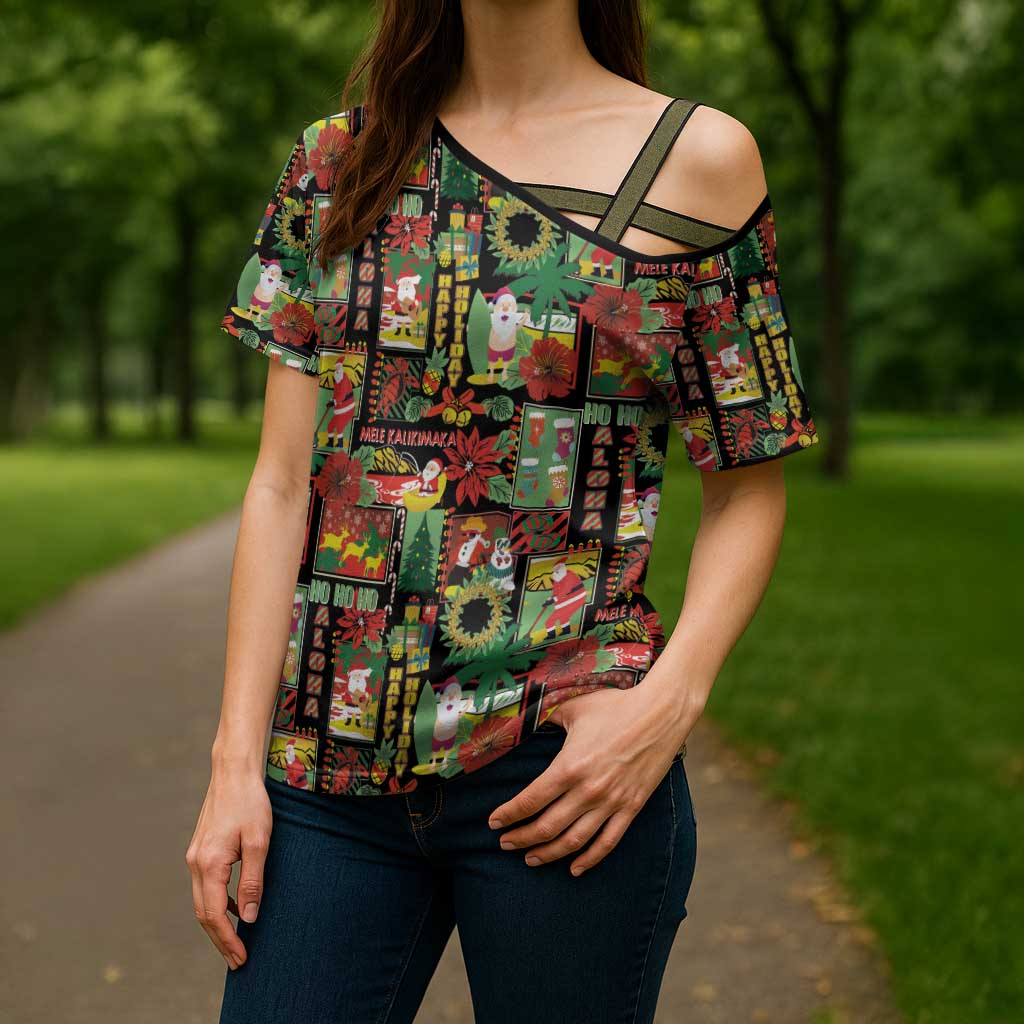 Hawaiian Santa Christmas Pattern Cross Shoulder Shirt Black Version - Polynesian Pride