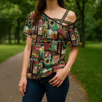 Hawaiian Santa Christmas Pattern Cross Shoulder Shirt Black Version - Polynesian Pride