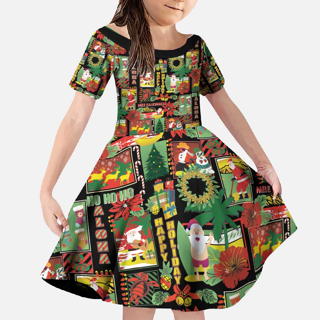 Hawaiian Santa Christmas Pattern Family Matching Long Sleeve Bodycon Dress and Hawaiian Shirt Black Version LT01 Daughter's Dress Red - Polynesian Pride