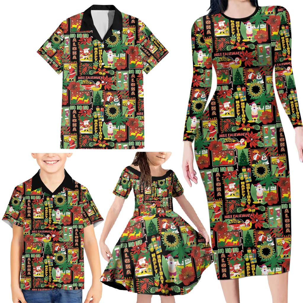 Hawaiian Santa Christmas Pattern Family Matching Long Sleeve Bodycon Dress and Hawaiian Shirt Black Version LT01 - Polynesian Pride