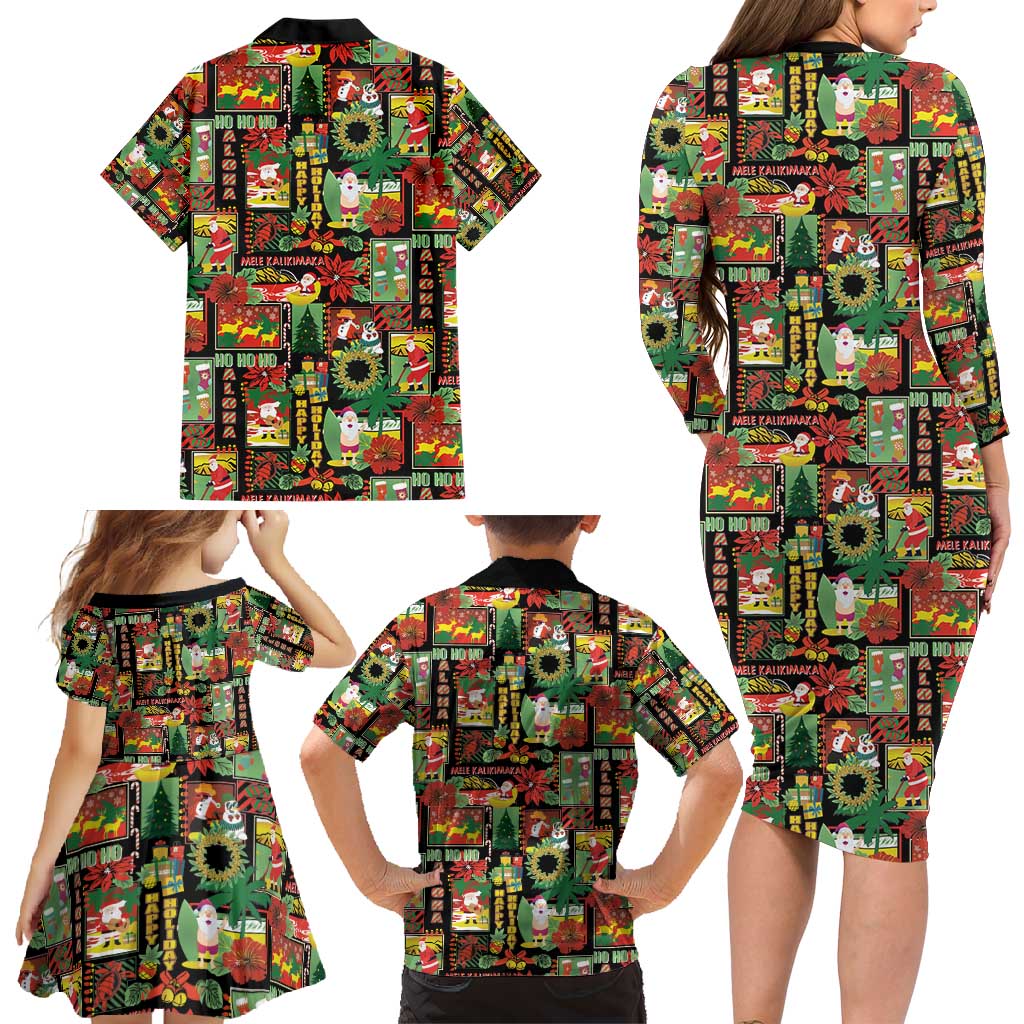 Hawaiian Santa Christmas Pattern Family Matching Long Sleeve Bodycon Dress and Hawaiian Shirt Black Version LT01 - Polynesian Pride