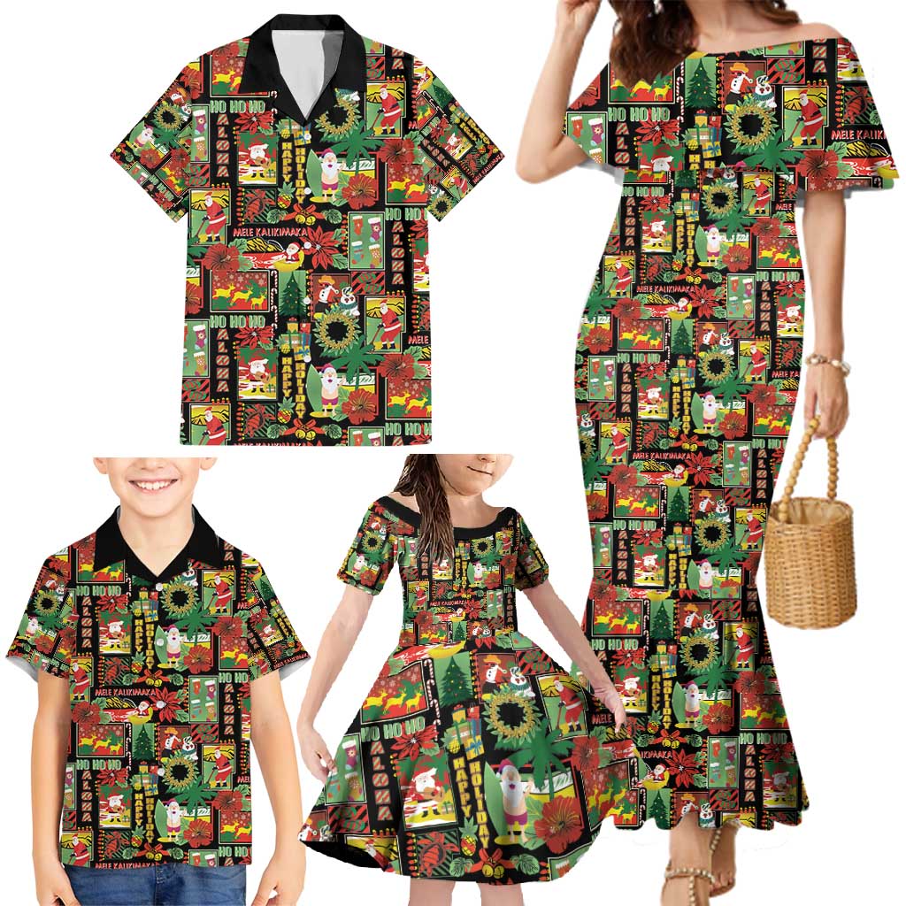 Hawaiian Santa Christmas Pattern Family Matching Mermaid Dress and Hawaiian Shirt Black Version LT01 - Polynesian Pride