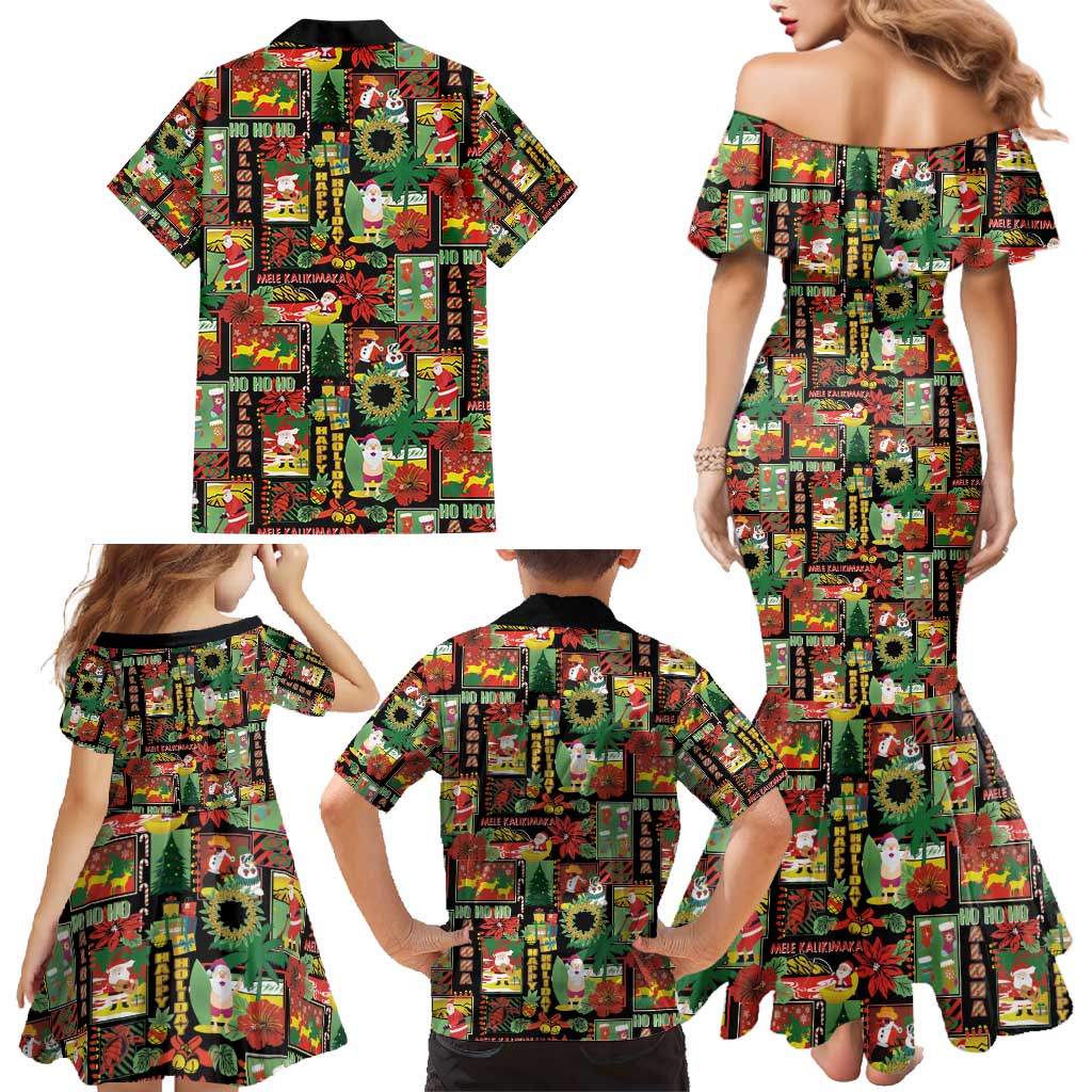 Hawaiian Santa Christmas Pattern Family Matching Mermaid Dress and Hawaiian Shirt Black Version LT01 - Polynesian Pride