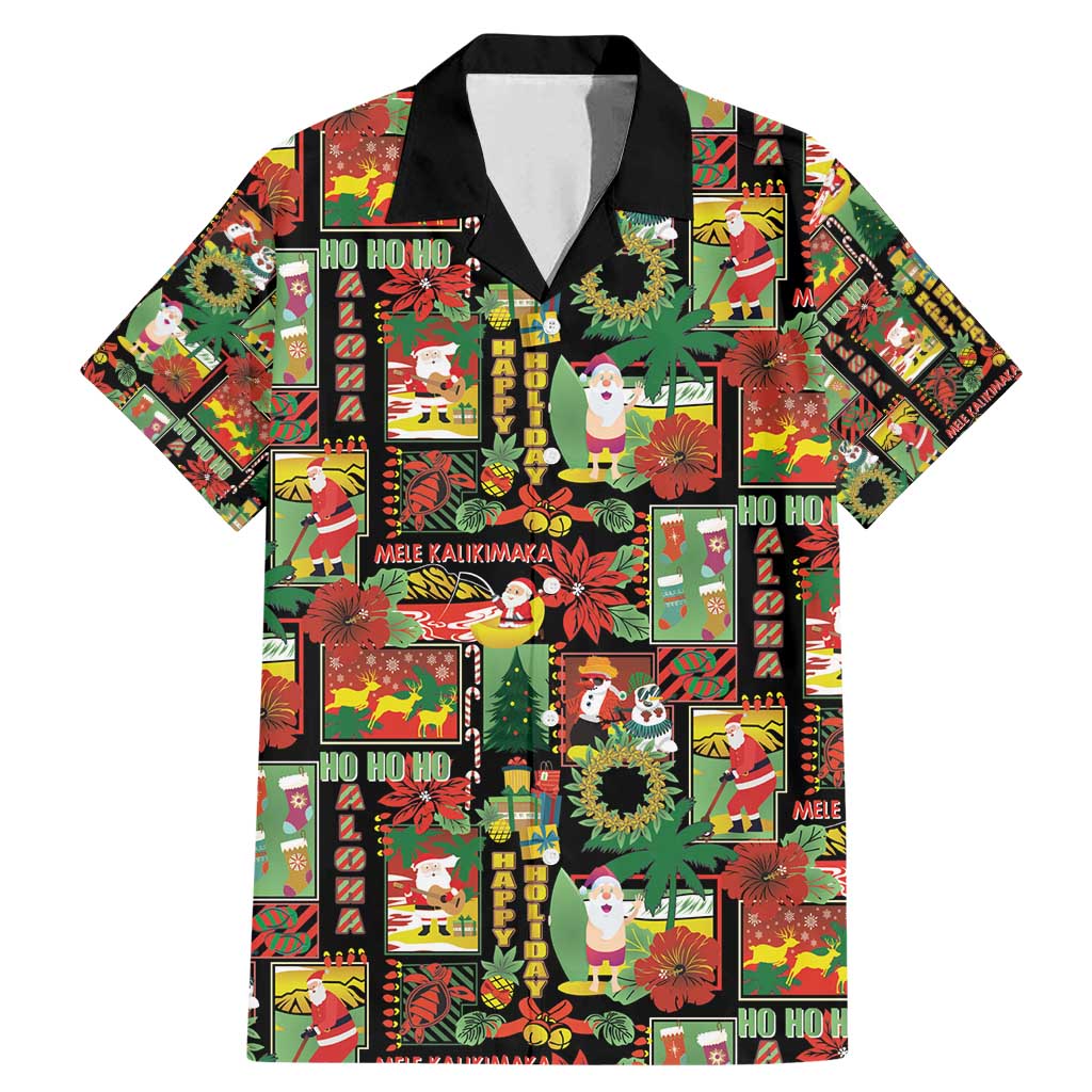 Hawaiian Santa Christmas Pattern Family Matching Mermaid Dress and Hawaiian Shirt Black Version LT01 Dad's Shirt - Short Sleeve Red - Polynesian Pride