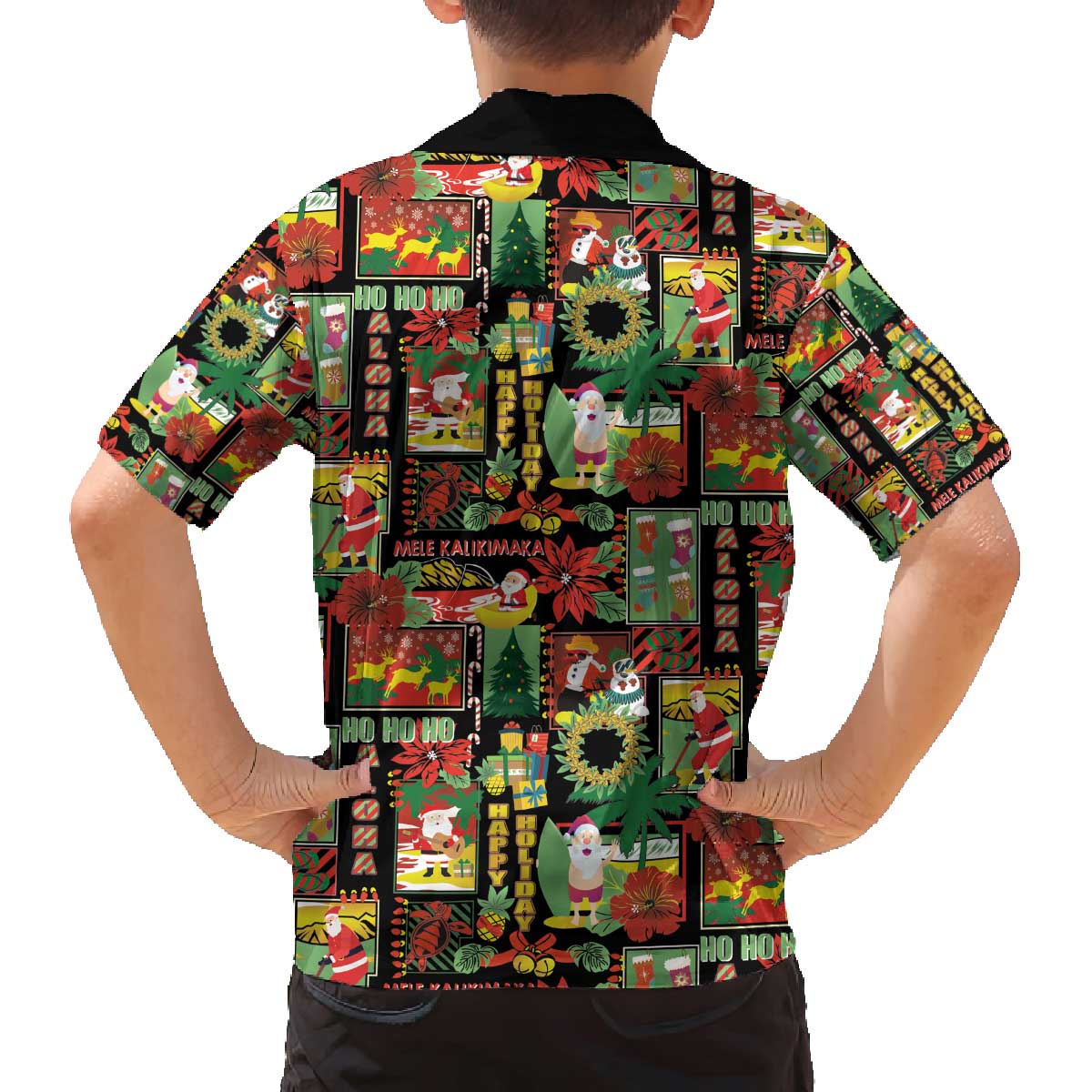 Hawaiian Santa Christmas Pattern Family Matching Off The Shoulder Long Sleeve Dress and Hawaiian Shirt Black Version LT01 - Polynesian Pride