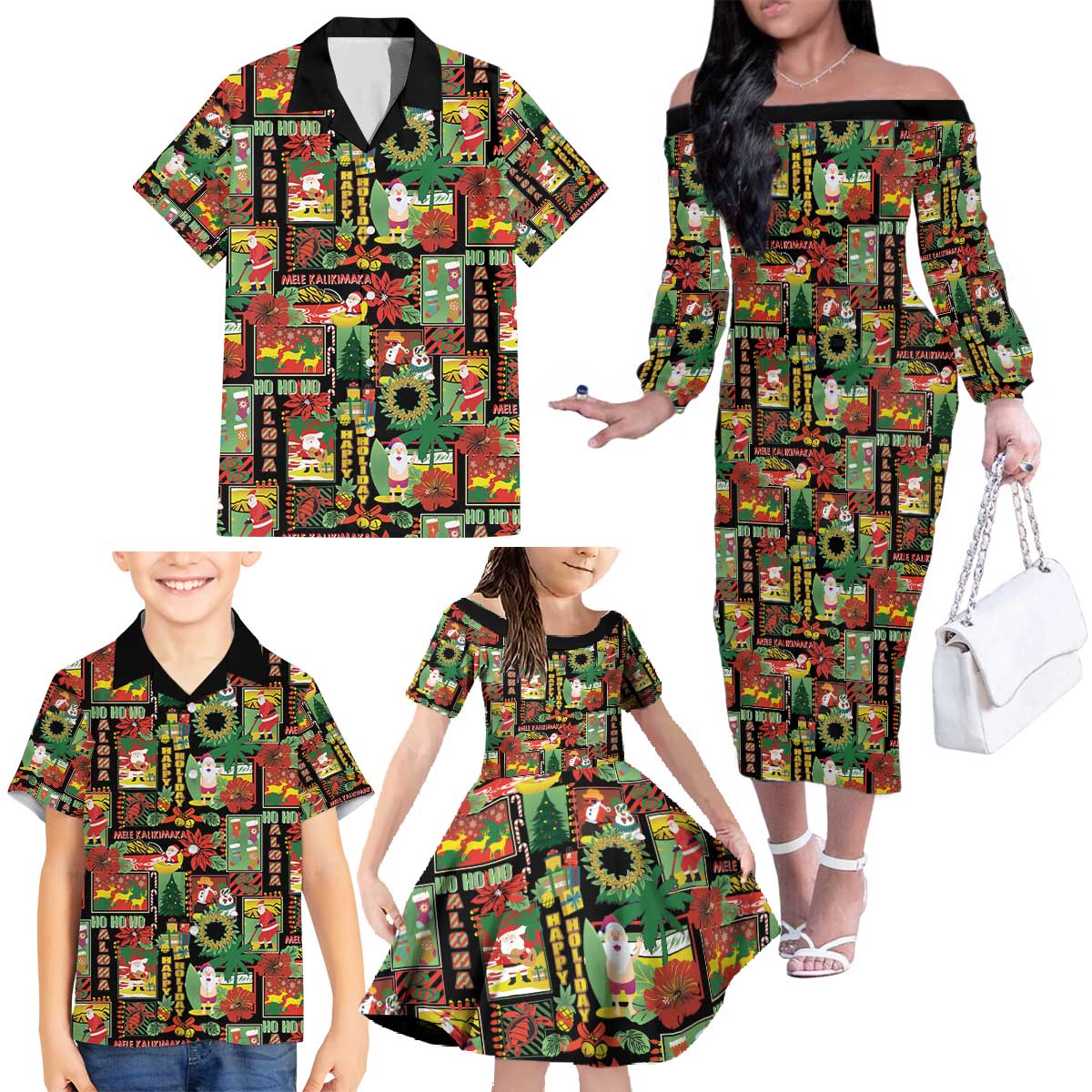 Hawaiian Santa Christmas Pattern Family Matching Off The Shoulder Long Sleeve Dress and Hawaiian Shirt Black Version LT01 - Polynesian Pride