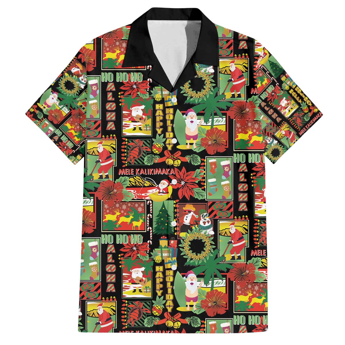 Hawaiian Santa Christmas Pattern Family Matching Off The Shoulder Long Sleeve Dress and Hawaiian Shirt Black Version LT01 Dad's Shirt - Short Sleeve Red - Polynesian Pride