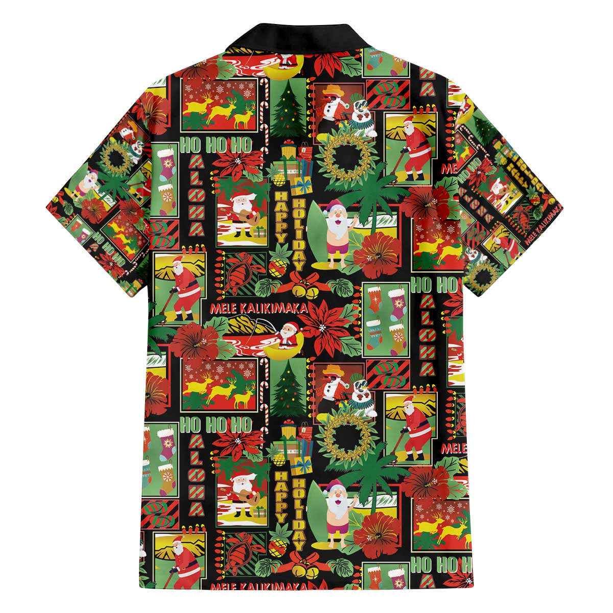 Hawaiian Santa Christmas Pattern Family Matching Off The Shoulder Long Sleeve Dress and Hawaiian Shirt Black Version LT01 - Polynesian Pride