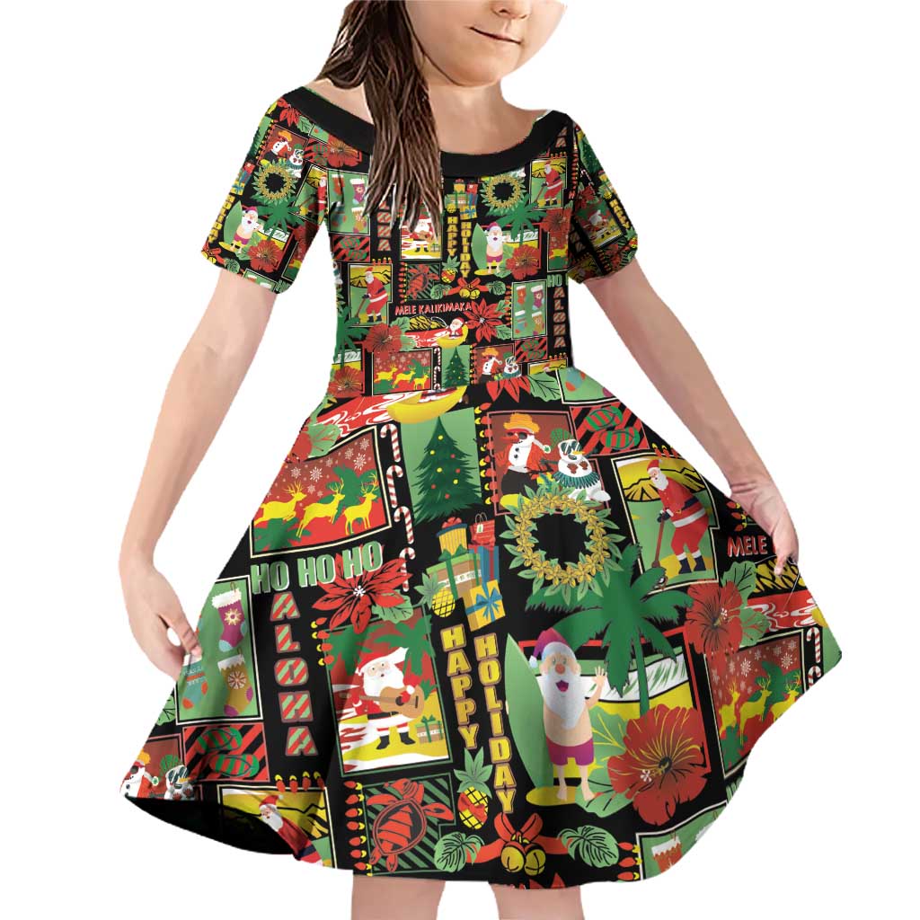 Hawaiian Santa Christmas Pattern Family Matching Off Shoulder Short Dress and Hawaiian Shirt Black Version LT01 Daughter's Dress Red - Polynesian Pride