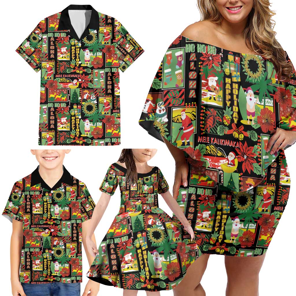 Hawaiian Santa Christmas Pattern Family Matching Off Shoulder Short Dress and Hawaiian Shirt Black Version LT01 - Polynesian Pride