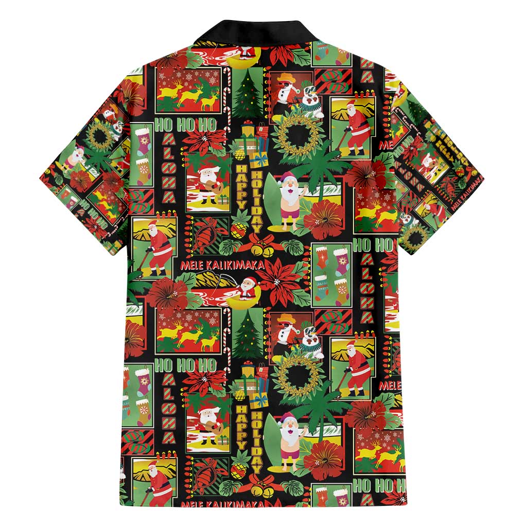 Hawaiian Santa Christmas Pattern Family Matching Off Shoulder Short Dress and Hawaiian Shirt Black Version LT01 - Polynesian Pride