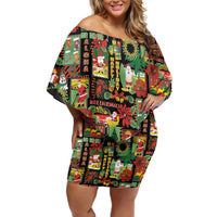 Hawaiian Santa Christmas Pattern Family Matching Off Shoulder Short Dress and Hawaiian Shirt Black Version LT01 Mom's Dress Red - Polynesian Pride