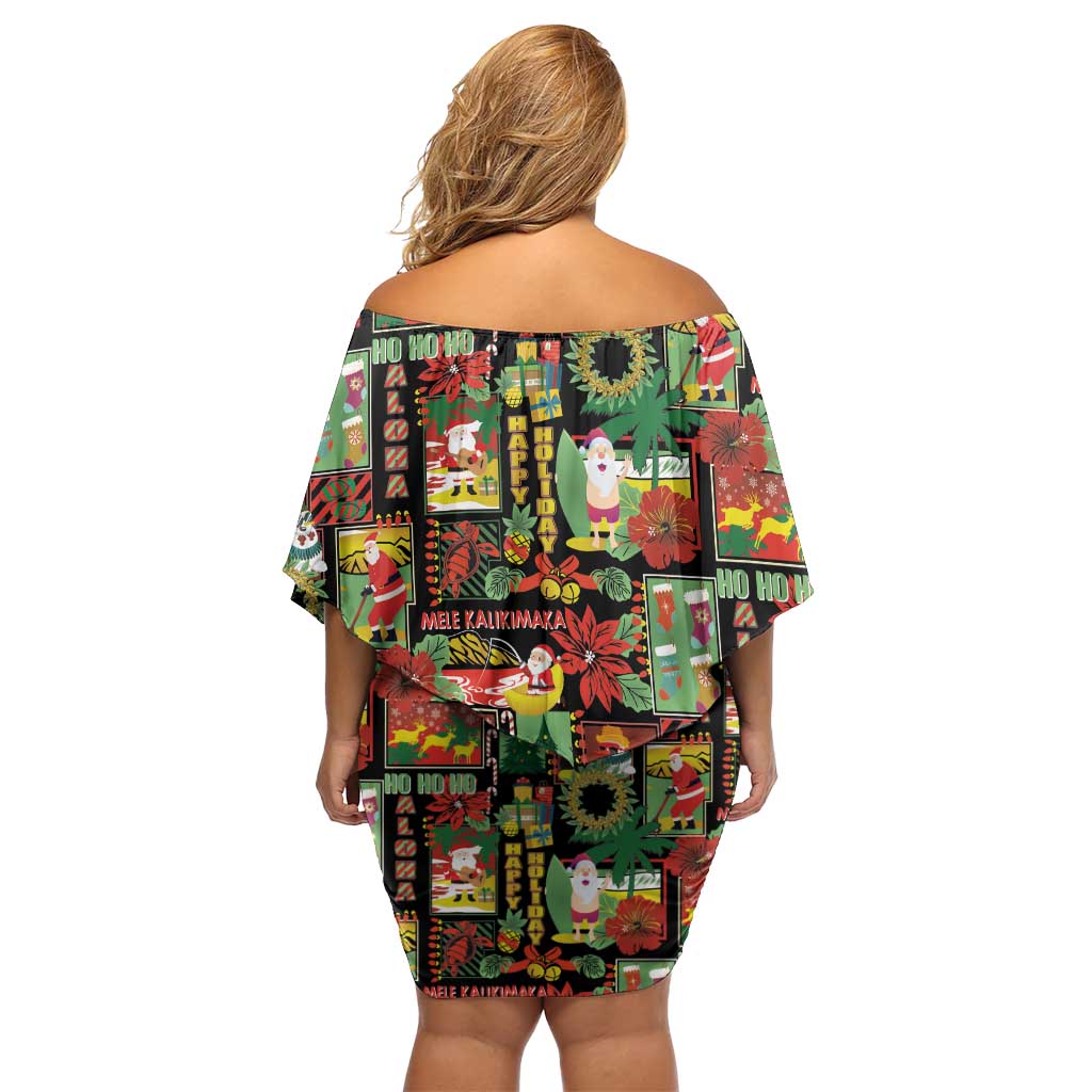 Hawaiian Santa Christmas Pattern Family Matching Off Shoulder Short Dress and Hawaiian Shirt Black Version LT01 - Polynesian Pride