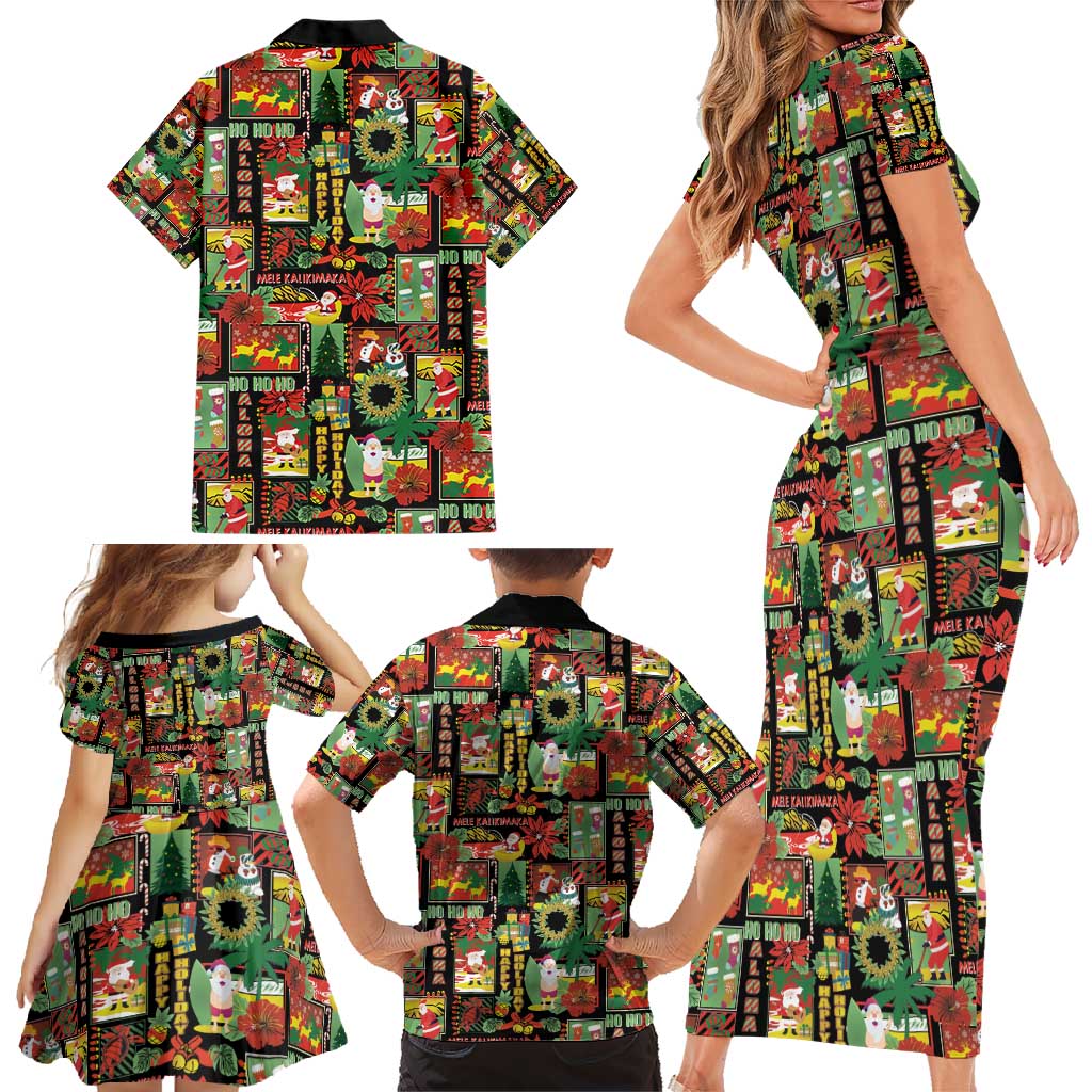 Hawaiian Santa Christmas Pattern Family Matching Short Sleeve Bodycon Dress and Hawaiian Shirt Black Version LT01 - Polynesian Pride