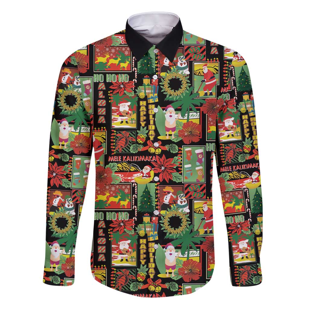 Hawaiian Santa Christmas Pattern Family Matching Short Sleeve Bodycon Dress and Hawaiian Shirt Black Version LT01 Dad's Shirt - Long Sleeve Red - Polynesian Pride