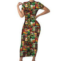 Hawaiian Santa Christmas Pattern Family Matching Short Sleeve Bodycon Dress and Hawaiian Shirt Black Version LT01 Mom's Dress Red - Polynesian Pride
