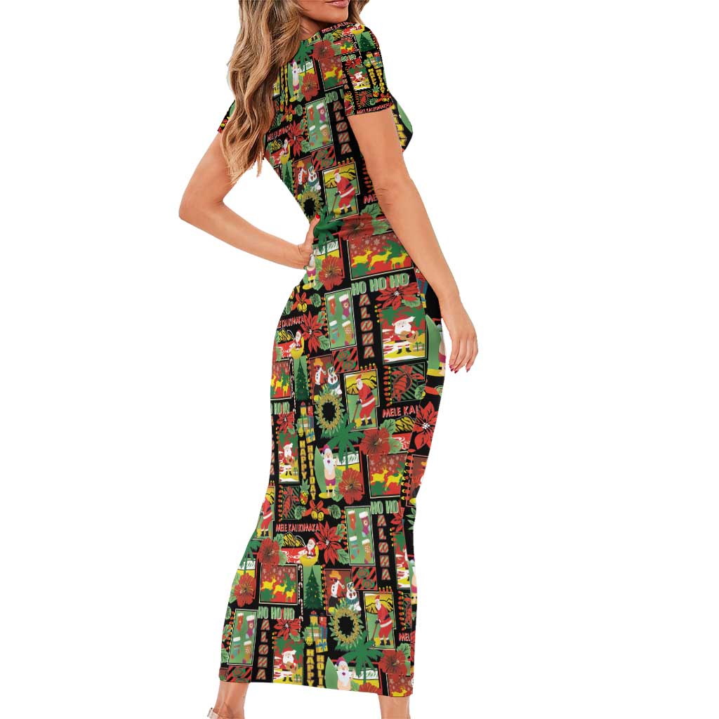 Hawaiian Santa Christmas Pattern Family Matching Short Sleeve Bodycon Dress and Hawaiian Shirt Black Version LT01 - Polynesian Pride