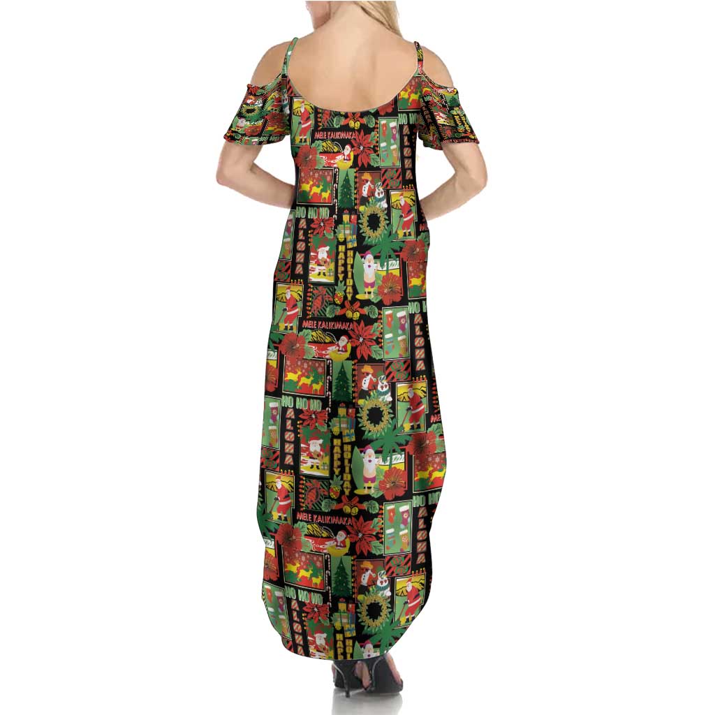 Hawaiian Santa Christmas Pattern Family Matching Summer Maxi Dress and Hawaiian Shirt Black Version - Polynesian Pride