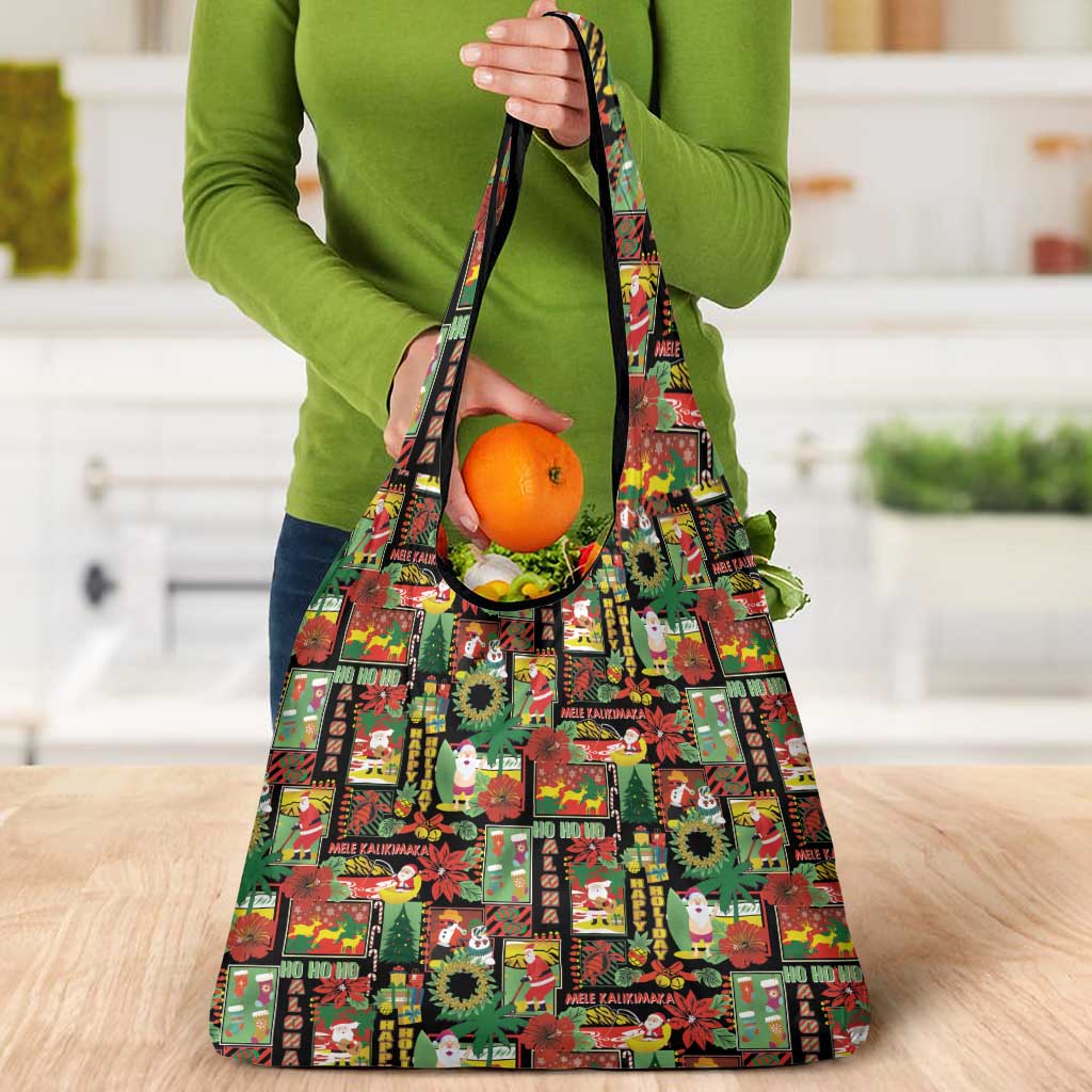 Hawaiian Santa Christmas Pattern Grocery Bag Black Version - Polynesian Pride