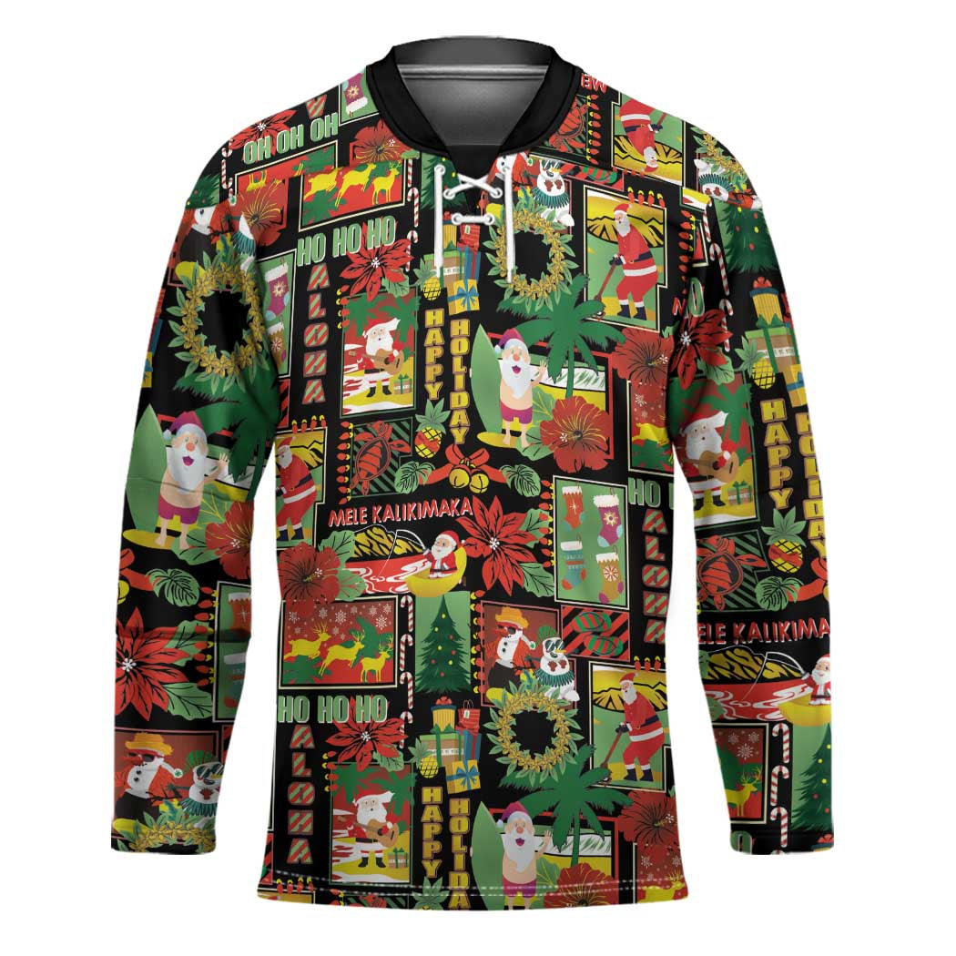 Hawaiian Santa Christmas Pattern Hockey Jersey Black Version - Polynesian Pride