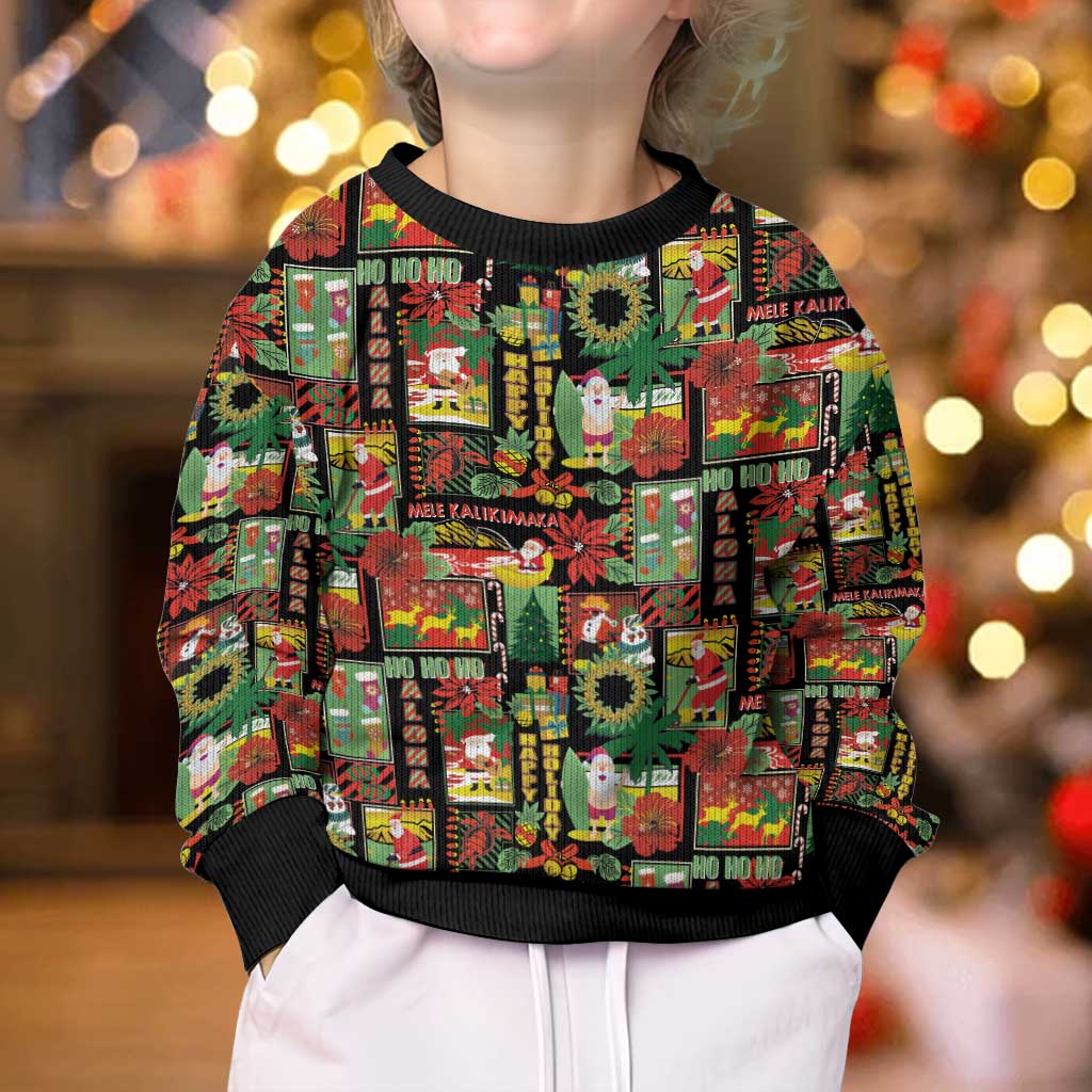 Hawaiian Santa Christmas Pattern Kid Ugly Christmas Sweater Black Version - Polynesian Pride