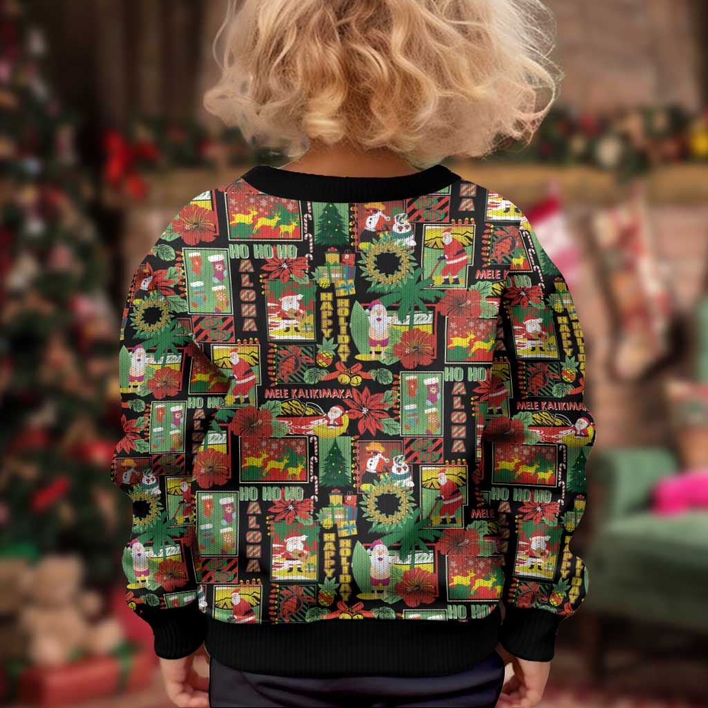 Hawaiian Santa Christmas Pattern Kid Ugly Christmas Sweater Black Version - Polynesian Pride