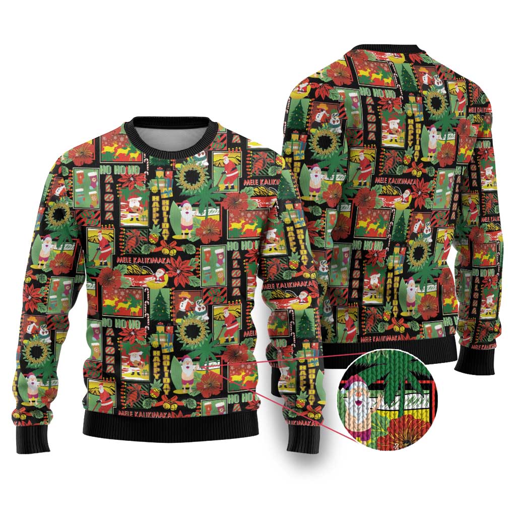 Hawaiian Santa Christmas Pattern Ugly Christmas Sweater Black Version - Polynesian Pride