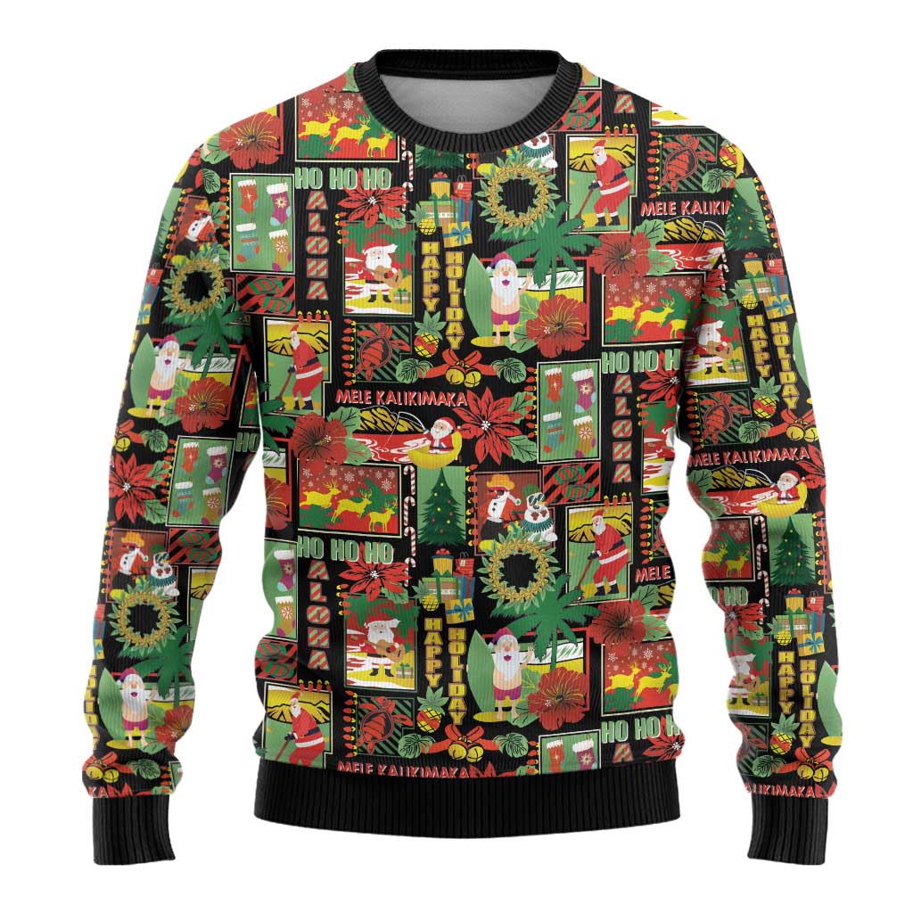 Hawaiian Santa Christmas Pattern Ugly Christmas Sweater Black Version - Polynesian Pride
